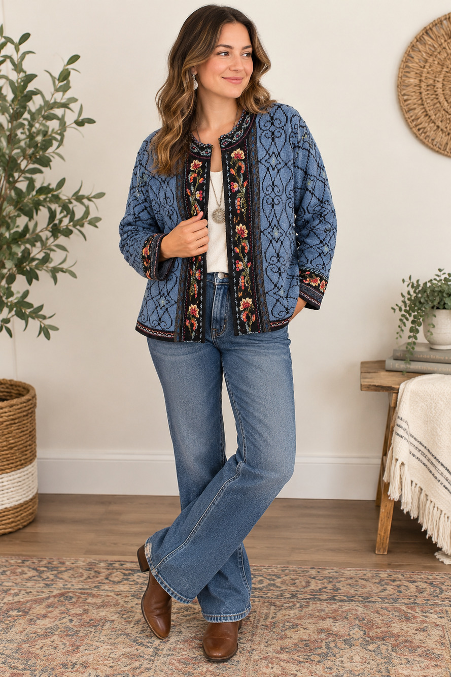 Vintage Icelandic Designs Wool Nordic Knit Full Zip Cardigan Sweater Blue M